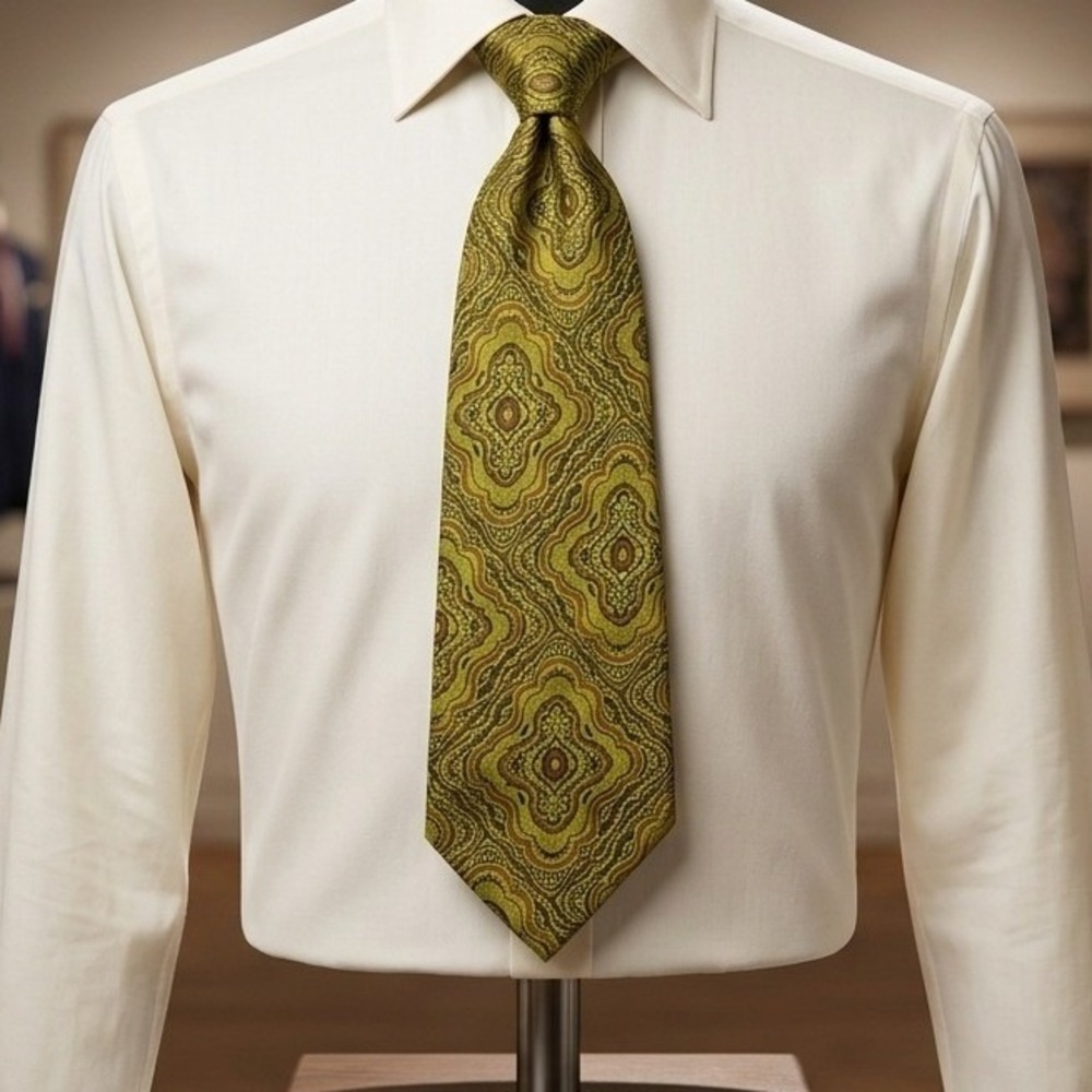 Beau Brummell Gentry Vtg Mens Tie Green Brown Paisley Medallion Retro WPL 124